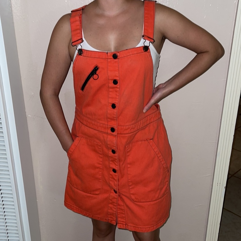 LAZY OAF Orange Denim Overall Dress, Size 8-10